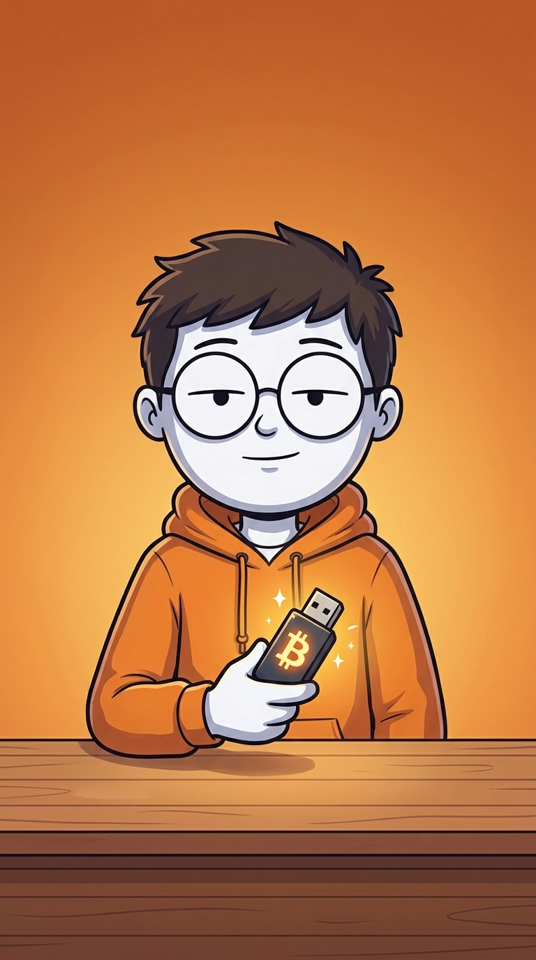 The Bitcoin Heist stickman in his orange hoodie holding a glowing Bitcoin USB drive